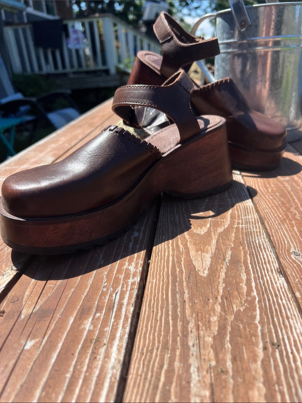 Dark Brown Leather Platform Clog Sandals